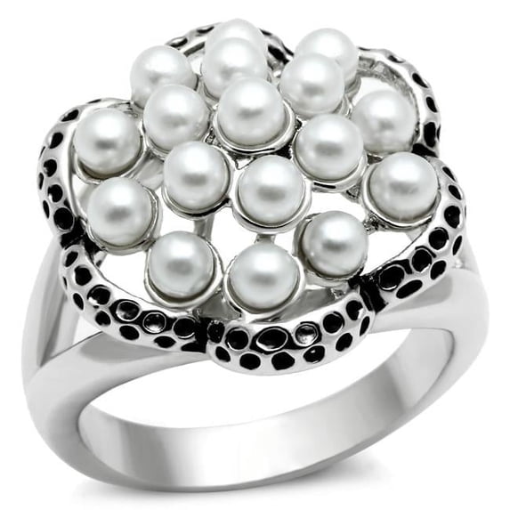Alamode 3W232-6 Women Rhodium Brass Ring with Synthetic in White - Size 6