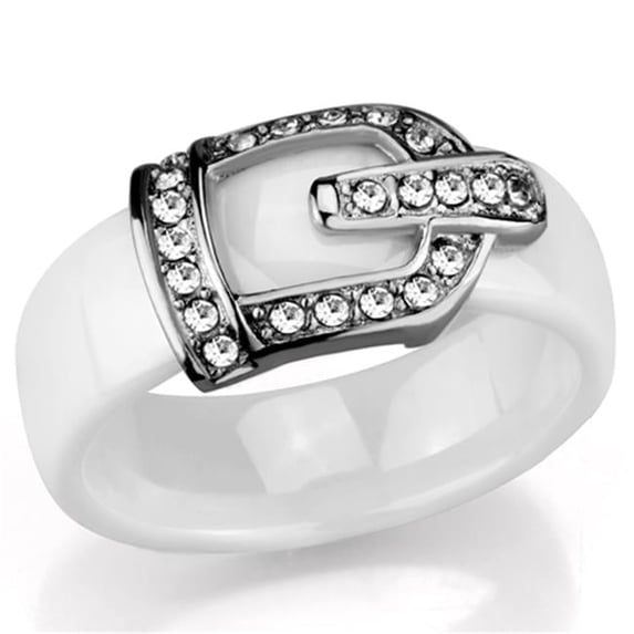Alamode 3W955-7 Women High Polished Stainless Steel Ring with Ceramic in White - Size 7
