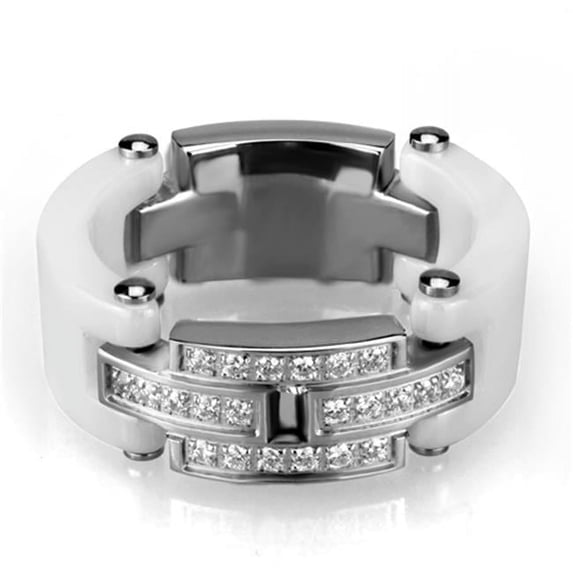 Alamode 3W977-8 Women High Polished Stainless Steel Ring with Ceramic in White - Size 8