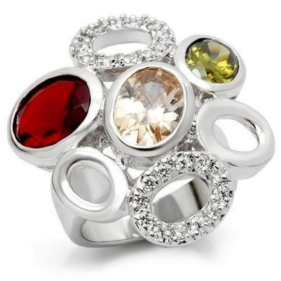 Alamode 6X021-10 Rhodium Brass Ring with AAA Grade CZ, Multi Color - Size 10