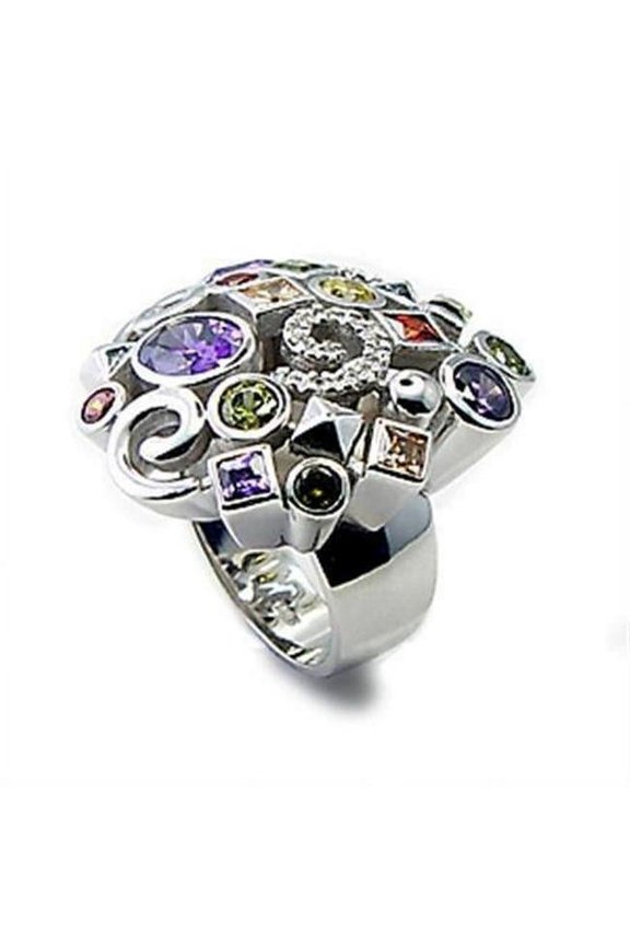 Alamode 6X051-6 Rhodium Brass Ring with AAA Grade CZ, Multi Color - Size 6