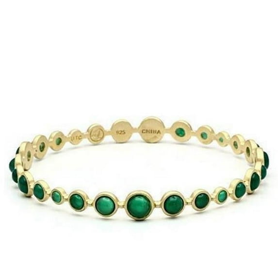 Alamode 8 in. Matte Gold 925 Sterling Silver Bangle with Semi-Precious Onyx, Emerald