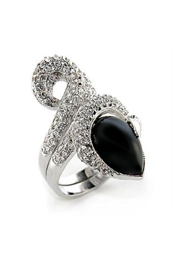 Alamode 80207-5 Rhodium Brass Ring with Semi-Precious Agate, Jet - Size 5