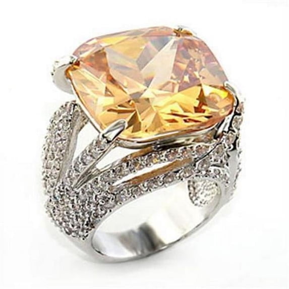 Alamode 80607-5 Rhodium Brass Ring with AAA Grade CZ, Champagne - Size 5