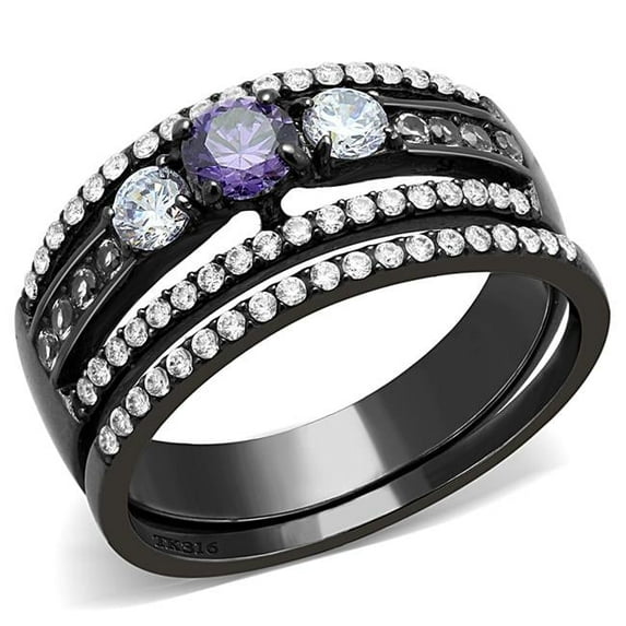 Alamode DA001-6 Women IP Black Stainless Steel Ring with AAA Grade CZ in Amethyst - Size 6
