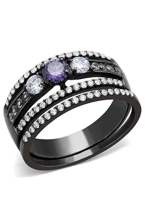 Alamode DA001-9 Women IP Black Stainless Steel Ring with AAA Grade CZ in Amethyst - Size 9