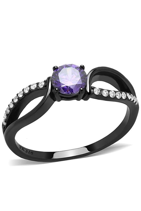 Alamode DA003-7 Women IP Black Stainless Steel Ring with AAA Grade CZ in Amethyst - Size 7