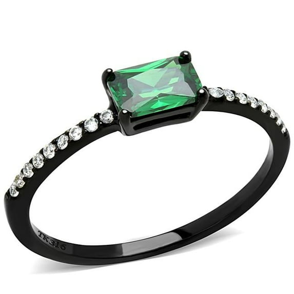 Alamode DA010-6 Women IP Black Stainless Steel Ring with AAA Grade CZ in Emerald - Size 6