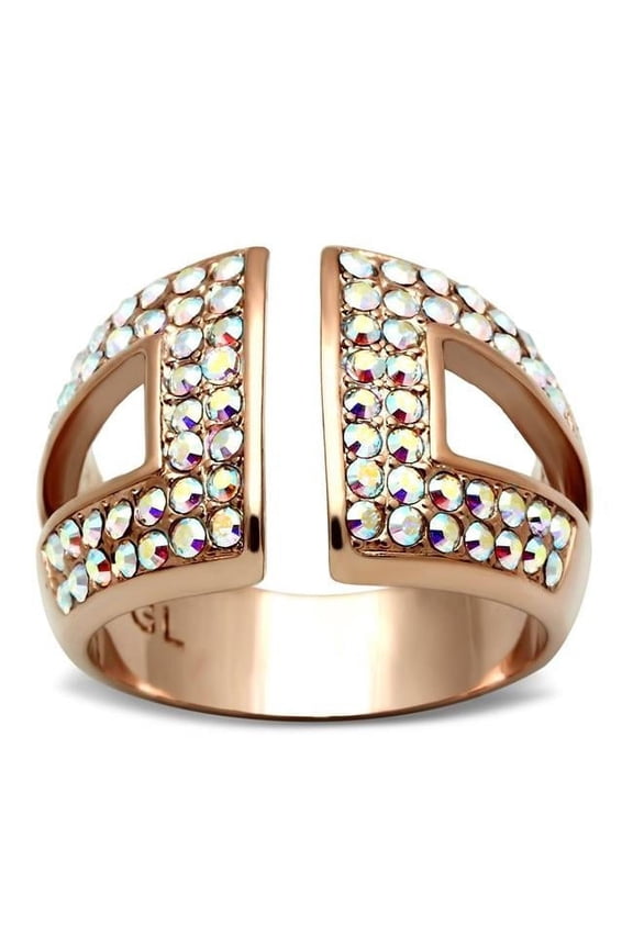 Alamode GL222-5 IP Rose Gold Ion Plating Brass Ring with Top Grade Crystal, Rainbow Effect Aurora Borealis - Size 5