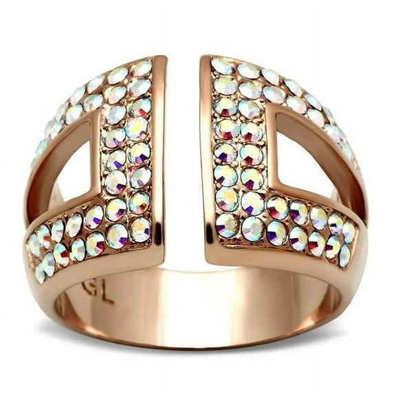 Alamode GL222-6 IP Rose Gold Ion Plating Brass Ring with Top Grade Crystal, Rainbow Effect Aurora Borealis - Size 6
