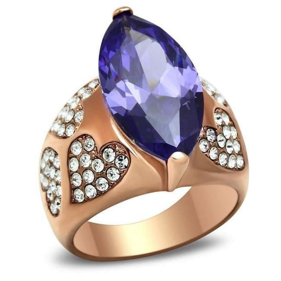 Alamode GL241-5 IP Rose Gold Ion Plating Brass Ring with AAA Grade CZ, Tanzanite - Size 5