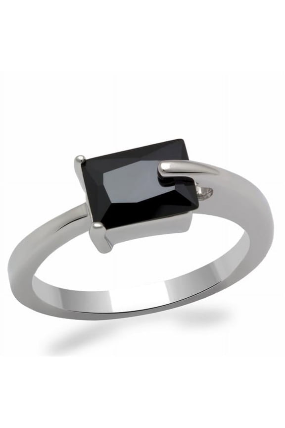 Alamode LO2066-5 Women Rhodium Brass Ring with AAA Grade CZ in Jet - Size 5