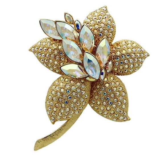 Alamode LO2402 Women Gold White Metal Brooches with Top Grade Crystal in Aurora Borealis Rainbow Effect