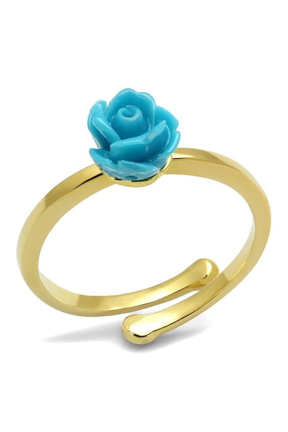 Alamode LO4060-8 Women Flash Gold Brass Ring with Synthetic in Sea Blue - Size 8