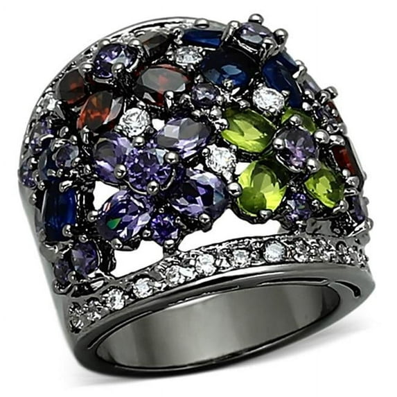Alamode LOA884-6 Women Ruthenium Brass Ring with AAA Grade CZ in Multi Color - Size 6