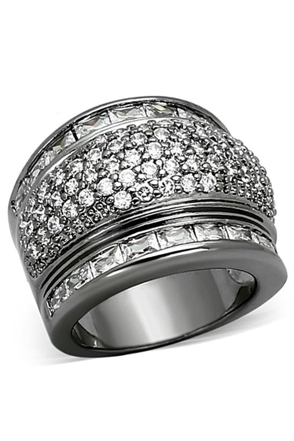 Alamode LOA894-7 Ruthenium Brass Ring with AAA Grade CZ, Clear - Size 7