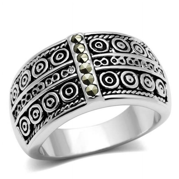 Alamode  Rhodium Brass Ring with Semi-Precious Marcasite, Black Diamond - Size 5