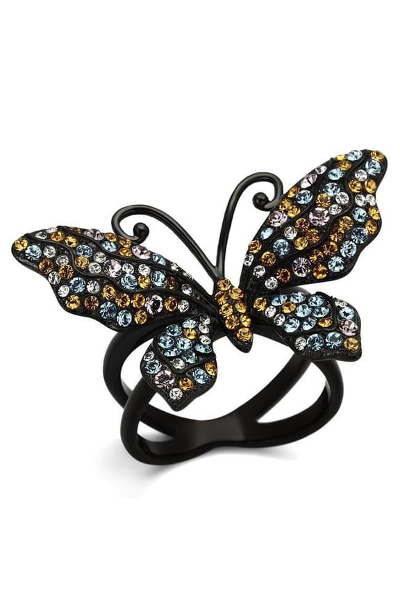 Alamode TK1004-7 Women IP Black Stainless Steel Ring with Top Grade Crystal in Multi Color - Size 7