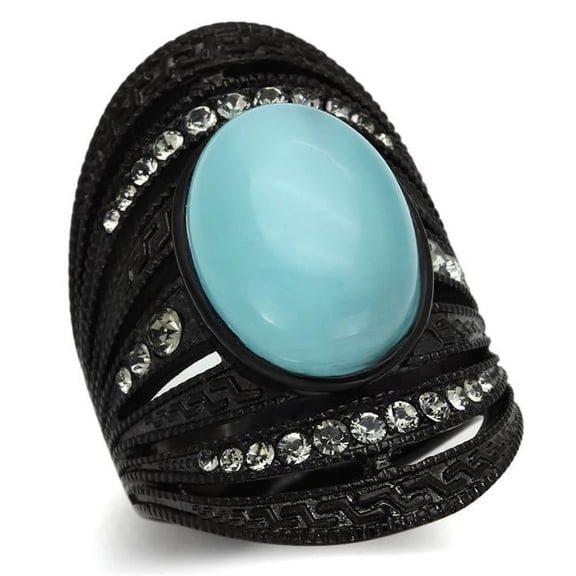 Alamode TK1006-7 Women IP Black Stainless Steel Ring with Synthetic in Sea Blue - Size 7