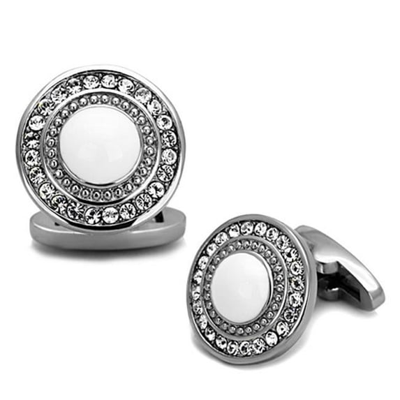 Alamode TK1273 Men High Polished Stainless Steel Cufflink with Top Grade Crystal in Clear