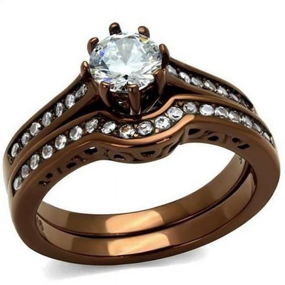 Alamode TK1330LC-10 Women IP Coffee Light Stainless Steel Ring with AAA Grade CZ in Clear - Size 10