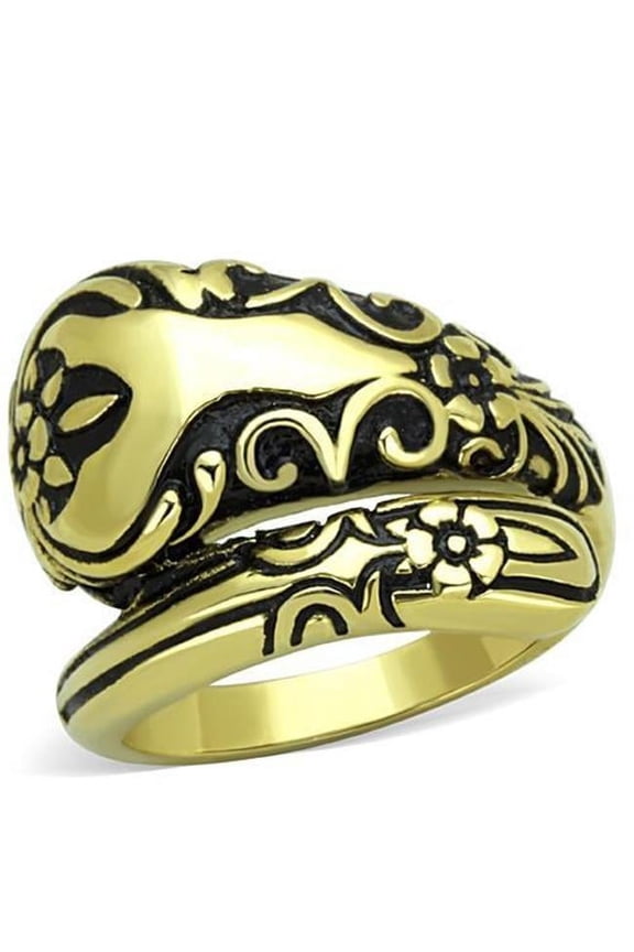 Alamode TK1713-9 Women IP Gold Stainless Steel Ring with Epoxy in Jet - Size 9