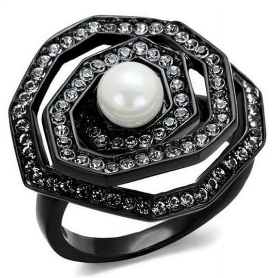 Alamode TK1861-9 Women IP Black Stainless Steel Ring with Synthetic in White - Size 9