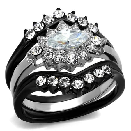 Alamode TK2188-8 Women Two-Tone IP Black Stainless Steel Ring with AAA Grade CZ in Clear - Size 8