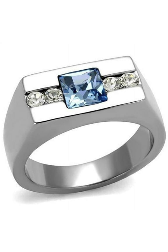 Alamode TK2307-9 Men High Polished Stainless Steel Ring with Top Grade Crystal in Aquamarine - Size 9