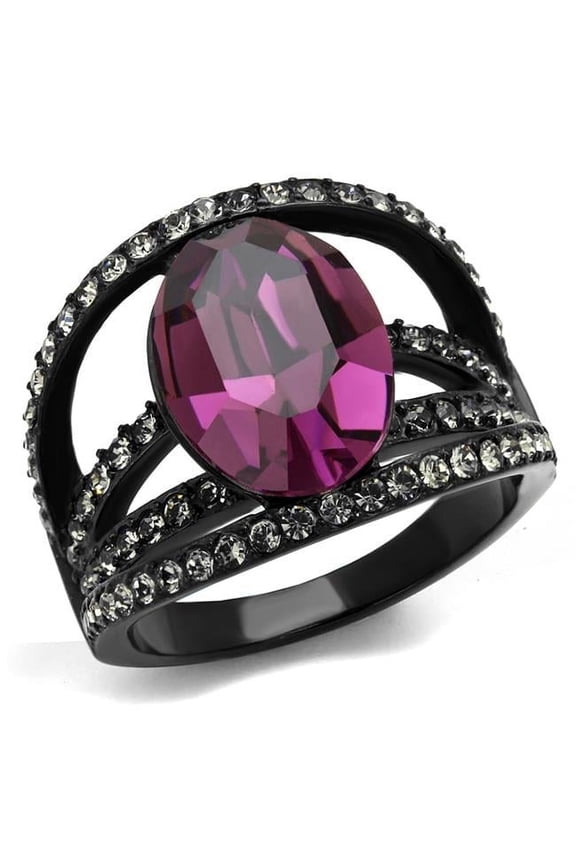 Alamode TK2348-5 Women IP Black Stainless Steel Ring with Top Grade Crystal in Amethyst - Size 5