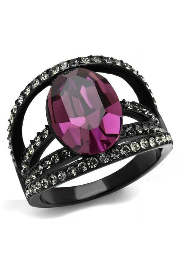 Alamode TK2348-9 Women IP Black Stainless Steel Ring with Top Grade Crystal in Amethyst - Size 9