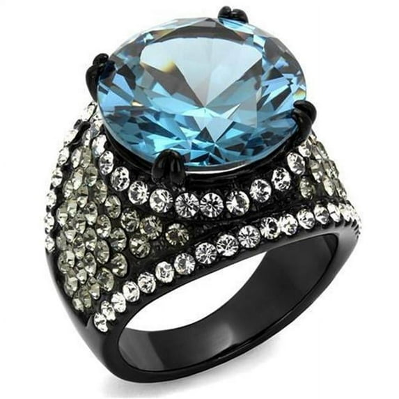 Alamode TK2555-7 Women IP Black Stainless Steel Ring with AAA Grade CZ in London Blue - Size 7
