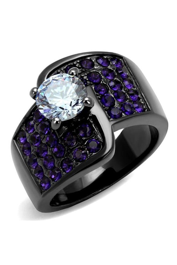 Alamode TK2644-10 IP Light Black IP Gun Stainless Steel Ring with AAA Grade CZ, Light Amethyst - Size 10