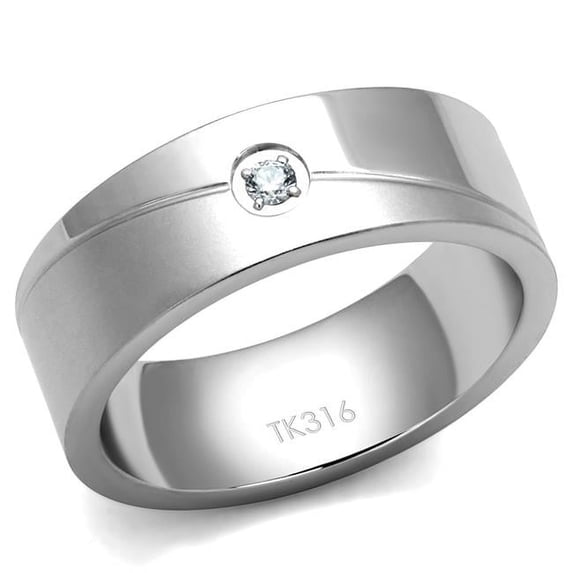 Alamode TK2937-8 Men High Polished Stainless Steel Ring with AAA Grade CZ in Clear - Size 8
