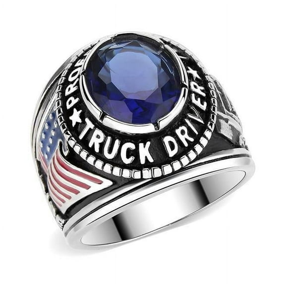 Alamode TK30320-11 High Polished No Plating Stainless Steel Trucker Ring with Synthetic Stone, Montana Blue - Size 11