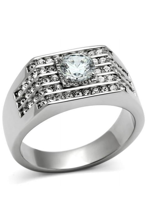Alamode TK351-13 Men High Polished Stainless Steel Ring with AAA Grade CZ in Clear - Size 13