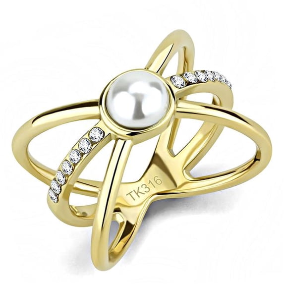 Alamode TK3522-10 Women IP Gold Stainless Steel Ring with Synthetic in White - Size 10