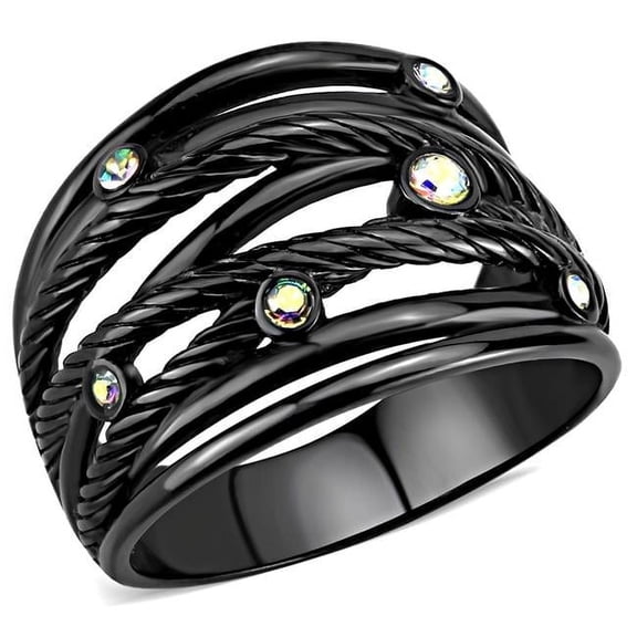Alamode TK3566-5 Women IP Black Stainless Steel Ring with Top Grade Crystal in Aurora Borealis Rainbow Effect - Size 5