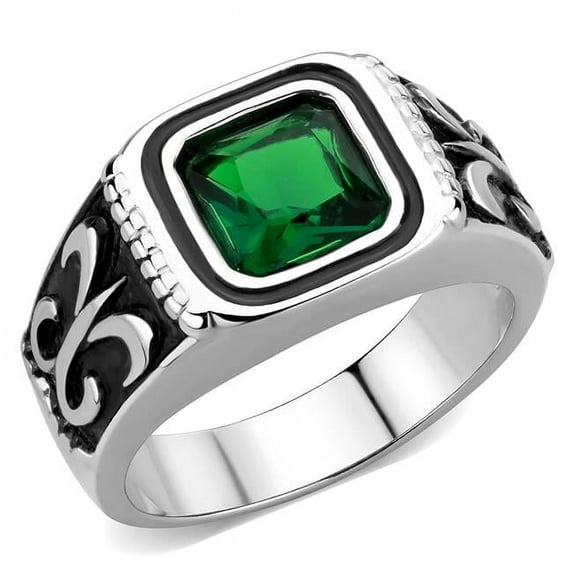 Alamode TK3616-10 Men High Polished Stainless Steel Ring with Synthetic in Emerald - Size 10