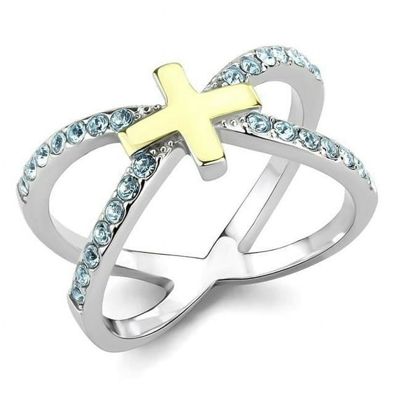 Alamode TK3636-10 Women Two-Tone IP Gold Stainless Steel Ring with Top Grade Crystal in Sea Blue - Size 10