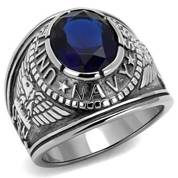Alamode TK414707-13 Men High Polished Stainless Steel Ring with Synthetic in Sapphire - Size 13