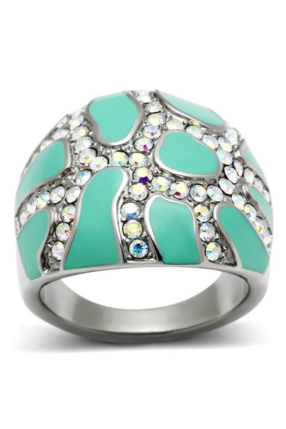 Alamode TK507-10 Women High Polished Stainless Steel Ring with Top Grade Crystal in Aurora Borealis Rainbow Effect - Size 10