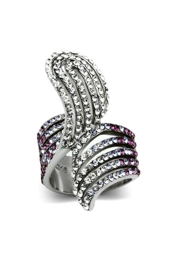 Alamode TK691-7 High Polished No Plating Stainless Steel Ring with Top Grade Crystal, Multi Color - Size 7