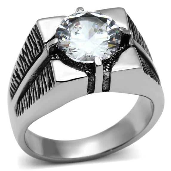 Alamode TK701-8 Men High Polished Stainless Steel Ring with AAA Grade CZ in Clear - Size 8