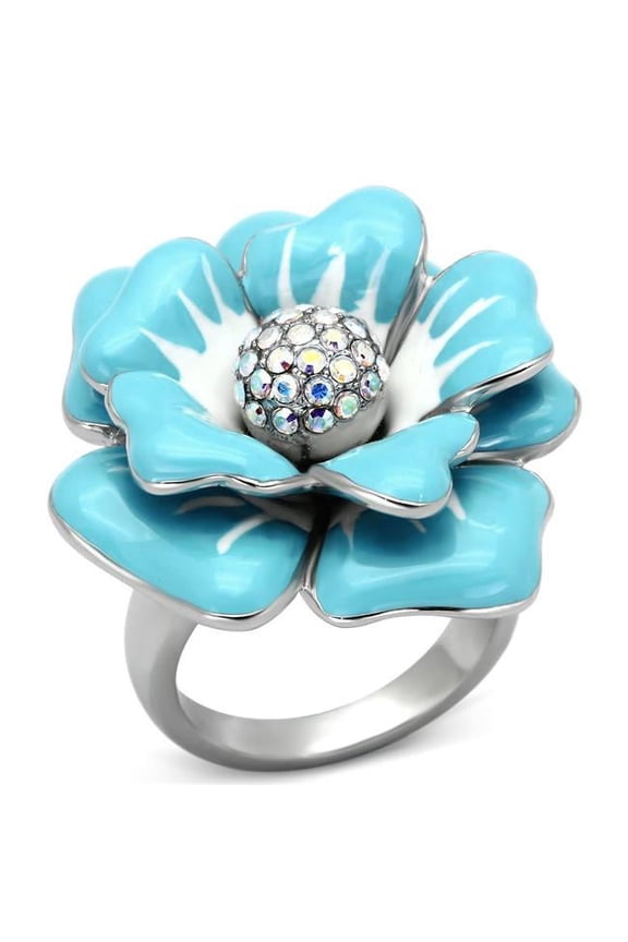 Alamode TK817-9 High Polished No Plating Stainless Steel Ring with Top Grade Crystal, Rainbow Effect Aurora Borealis - Size 9