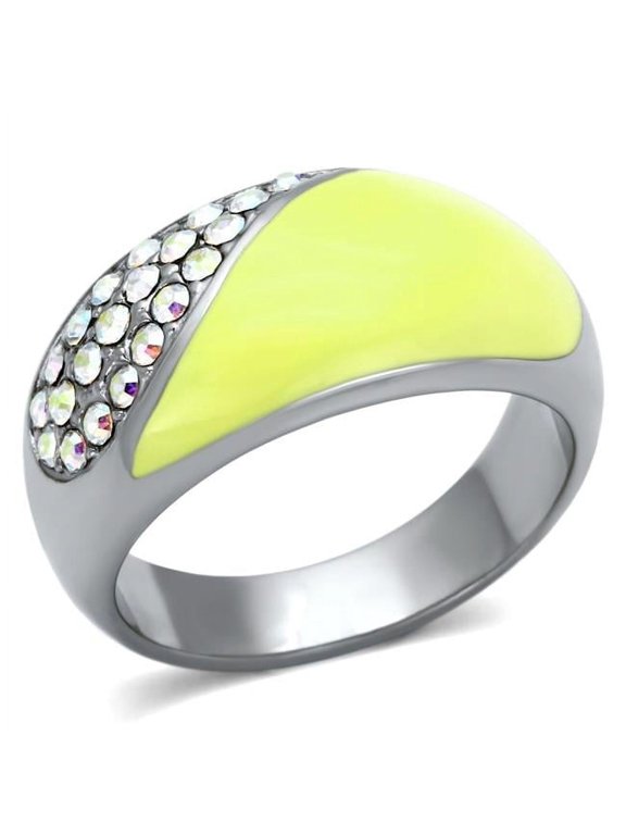 Alamode TK829-5 High Polished No Plating Stainless Steel Ring with Top Grade Crystal, Rainbow Effect Aurora Borealis - Size 5