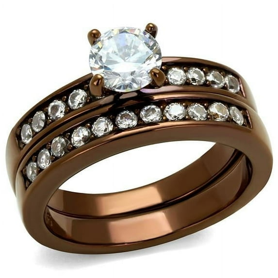 Alamode TK8X003LC-9 Women IP Coffee Light Stainless Steel Ring with AAA Grade CZ in Clear - Size 9