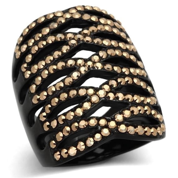 Alamode TK979-5 IP Black Ion Plating Stainless Steel Ring with Top Grade Crystal, Metallic Light Gold - Size 5