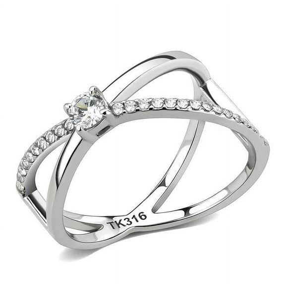 Alamode Women High Polished Stainless Steel Ring with AAA Grade CZ in Clear - Size 9