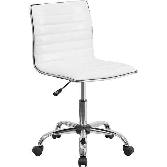 Alan Low-Back Ribbed Upholstered Vinyl Swivel Desk Chair with Padded Seat, Modern Adjustable Height Padded Office Chair, White